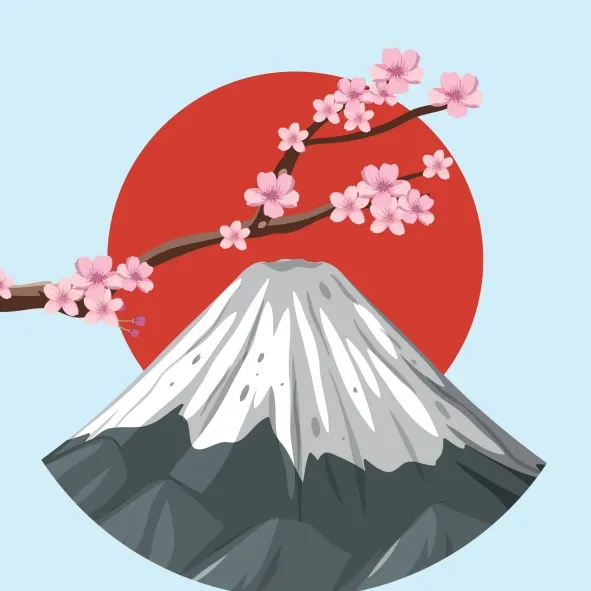 Góra Fuji i wznoszące się nad nią czerwone słońce orz gałąź z kwiatami wiśni