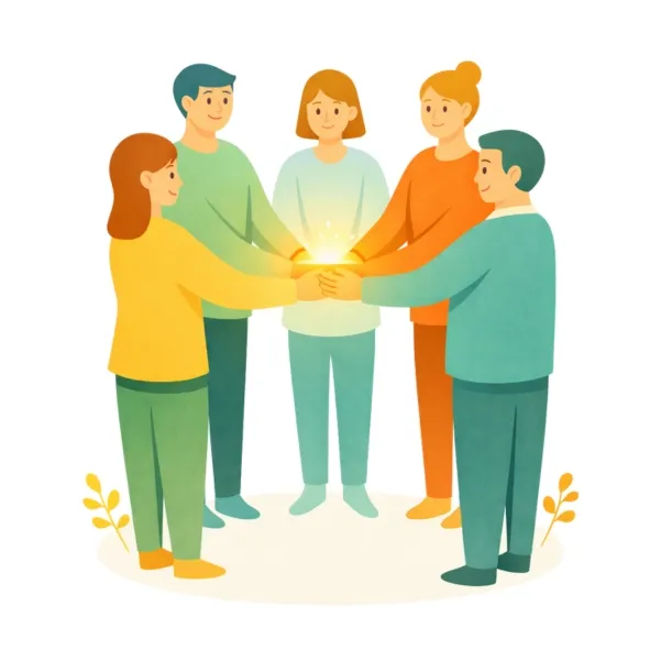 Pięcioro dorosłych stojących w kole i trzymających dłonie po środku, gdzie unosi się kula ciepłego, wspierającego światła.