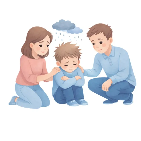 Kreskówkowa, delikatna grafika dwojga rodziców klęczących przy smutnym dziecku i deszczowa chmura nad jego głową. 
