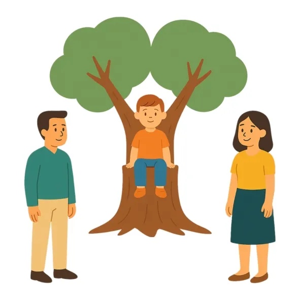 Dziecko siedzące na pniu drzewa i rodzice stojący po obu stronach drzewa