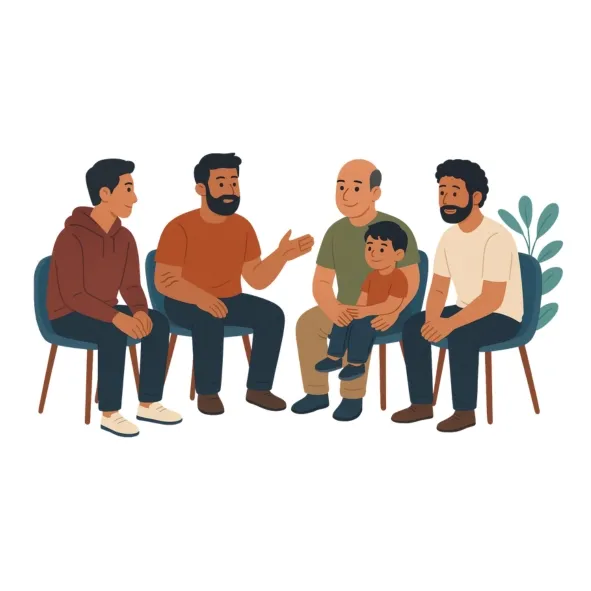 Grupa ojców siedzących w kółku rozmawiających ze sobą