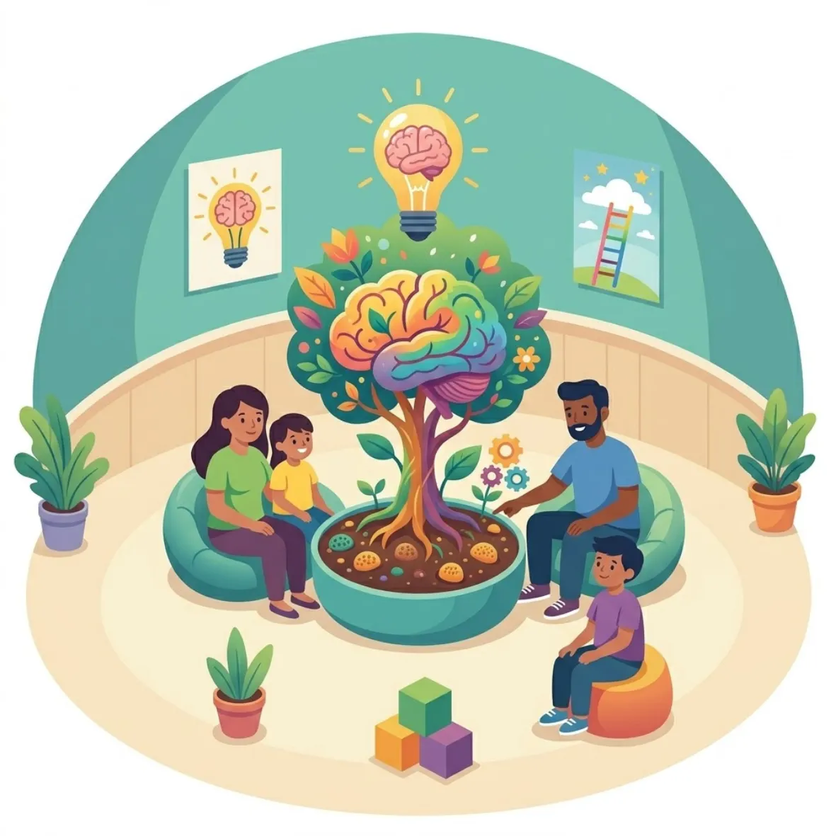 Ilustracja w przyjaznym, kolorowym stylu przedstawiająca grupę dzieci i dorosłych siedzących w kręgu wokół fantazyjnego drzewa w kształcie mózgu. Drzewo wyrasta z dużej donicy, ma wielobarwne gałęzie i liście symbolizujące rozwój, kreatywność i emocje. Nad drzewem świeci żarówka z mózgiem w środku jako symbol pomysłów i rozwoju psychicznego. W tle znajdują się plakaty z motywami mózgu i drabiny prowadzącej do chmur. Przestrzeń przypomina przyjazny gabinet lub salę terapeutyczną dla dzieci, z roślinami donic