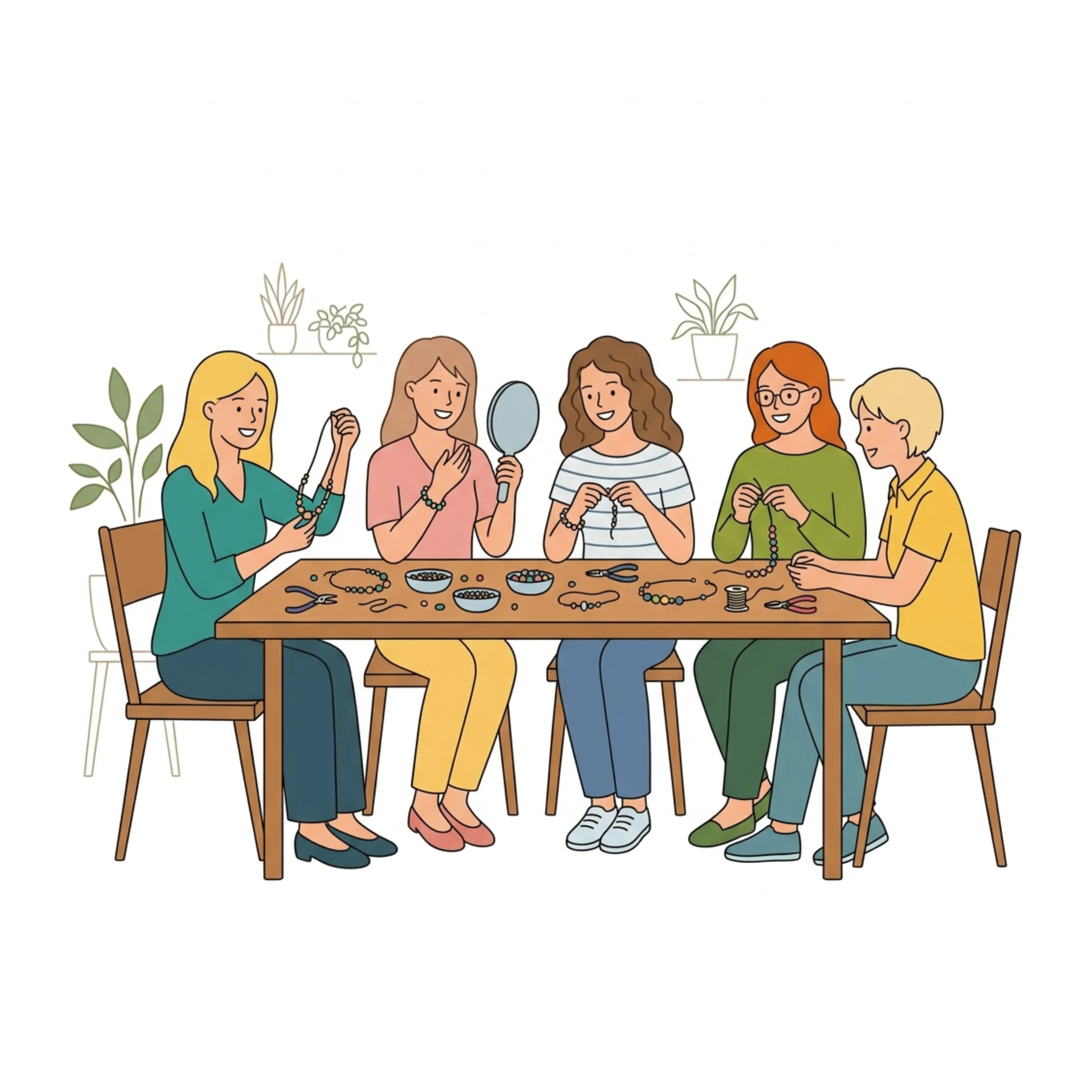 Ilustracja przedstawia grupę pięciu kobiet siedzących przy wspólnym stole podczas warsztatów rękodzielniczych. Uczestnicy tworzą biżuterię z koralików – nawlekają bransoletki i naszyjniki, rozmawiając i uśmiechając się do siebie. Na stole znajdują się miseczki z koralikami, szczypce, druciki i gotowe ozdoby. Jedna z osób trzyma lusterko i ogląda wykonaną biżuterię. W tle widoczne są rośliny doniczkowe, a całość utrzymana jest w ciepłym, przyjaznym stylu ilustracyjnym.