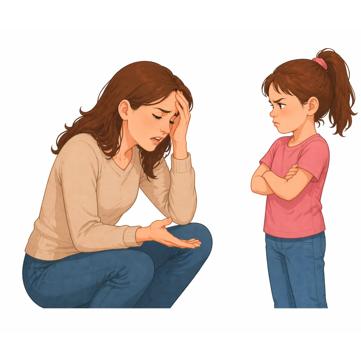 Ilustracja przedstawiająca zmęczoną i sfrustrowaną mamę kucającą naprzeciwko małej dziewczynki. Mama trzyma rękę na czole i gestykuluje drugą dłonią, jakby tłumaczyła coś lub próbowała opanować emocje. Dziewczynka stoi z założonymi rękami i obrażoną miną, odwracając lekko wzrok. Oboje wyglądają na napiętych emocjonalnie, co sugeruje konflikt, trudną rozmowę lub moment frustracji w relacji rodzic–dziecko.