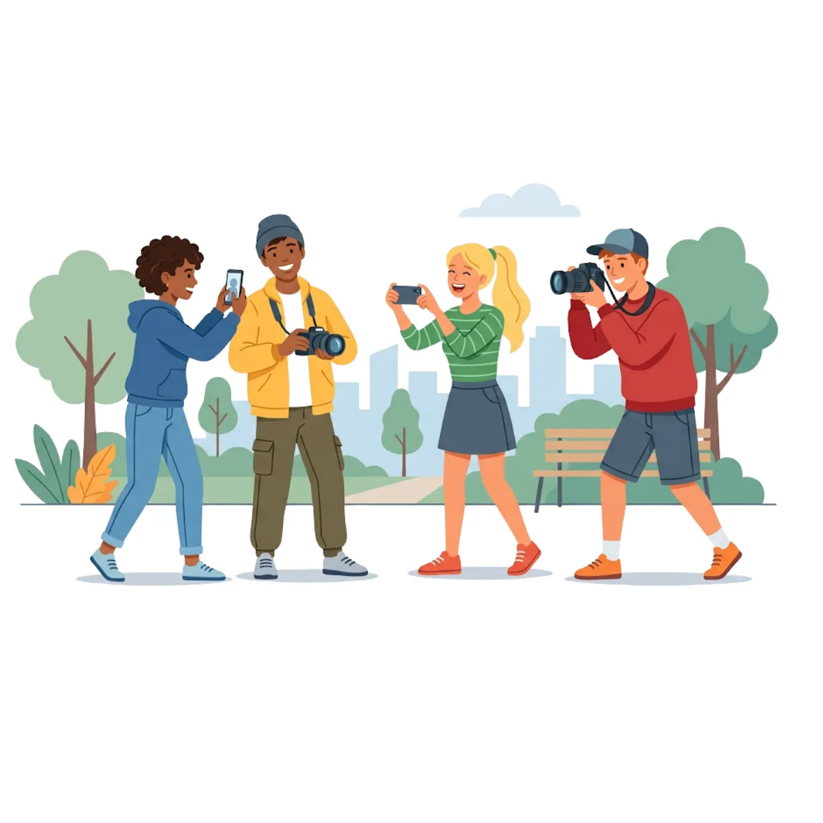Ilustracja przedstawia czworo nastolatków spędzających czas w parku z aparatami fotograficznymi i telefonami. Uśmiechają się, robią sobie nawzajem zdjęcia i wspólnie fotografują otoczenie. W tle widoczne są drzewa, ławka oraz zarys miejskich budynków. Grafika symbolizuje kreatywność, współpracę, rozwijanie pasji fotograficznej i budowanie relacji z rówieśnikami.