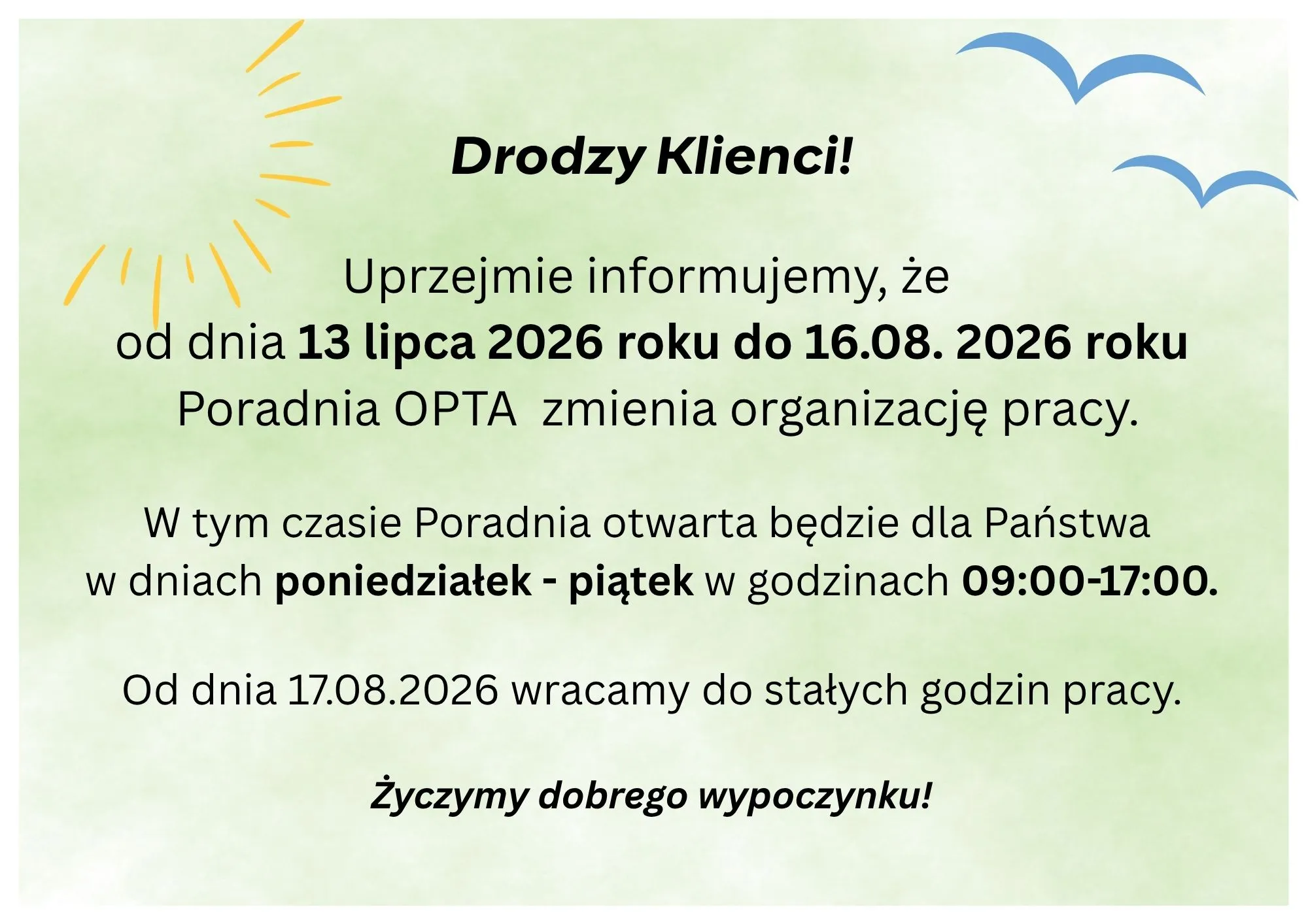 Godziny pracy Poradni OPTA w wakacje