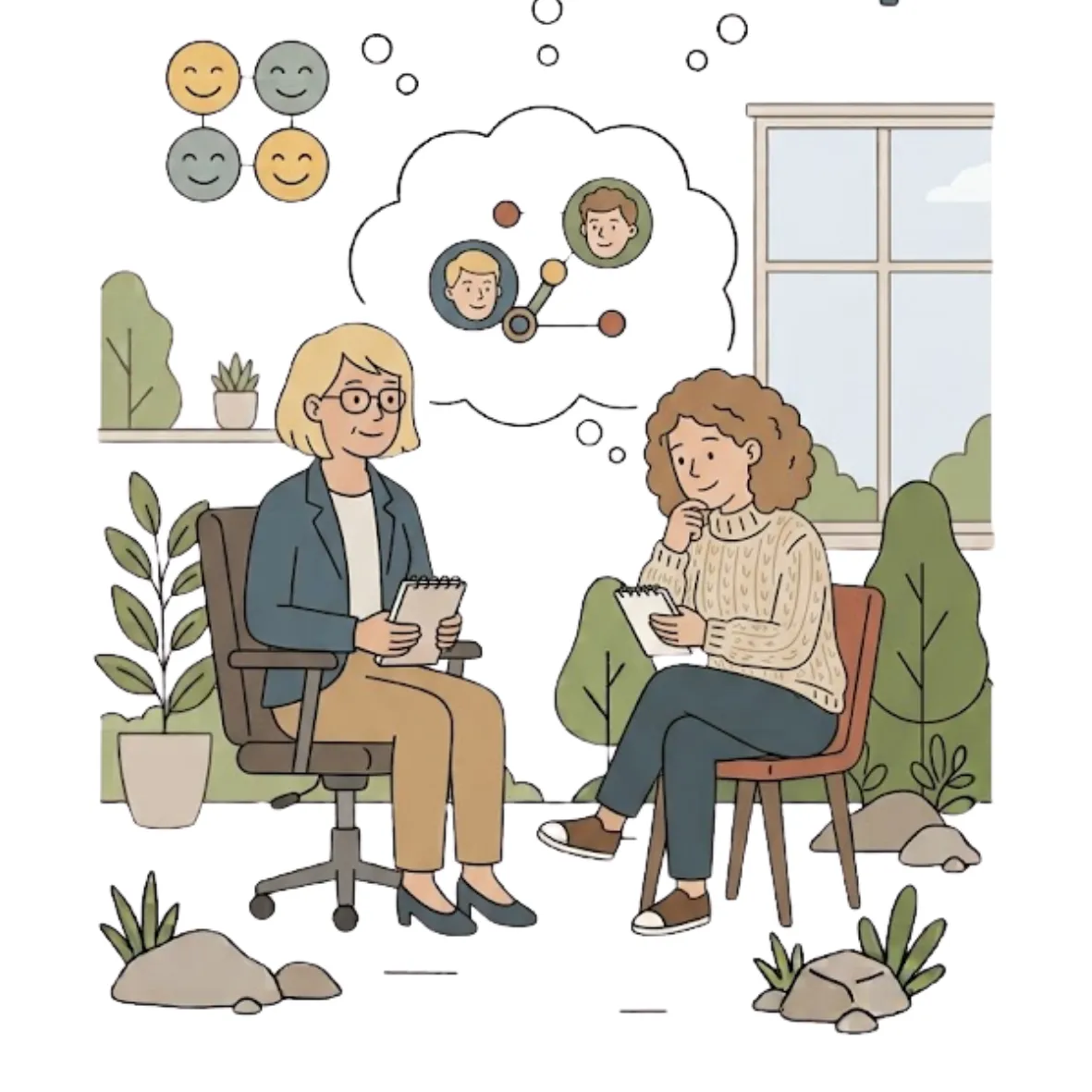 Ilustracja przedstawia dwie kobiety siedzące naprzeciwko siebie podczas indywidualnej superwizji. Obie trzymają notesy. Nad nimi znajduje się symboliczna chmura myśli z wizerunkami dwóch osób połączonych liniami, nawiązująca do omawiania relacji i pracy z klientem. Scena rozgrywa się w spokojnym, jasnym wnętrzu z roślinami i dużym oknem.